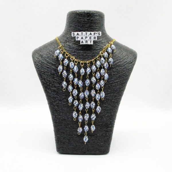 Elegant Aesthetic Paper Beaded Blue White & Golden Cascade Necklace