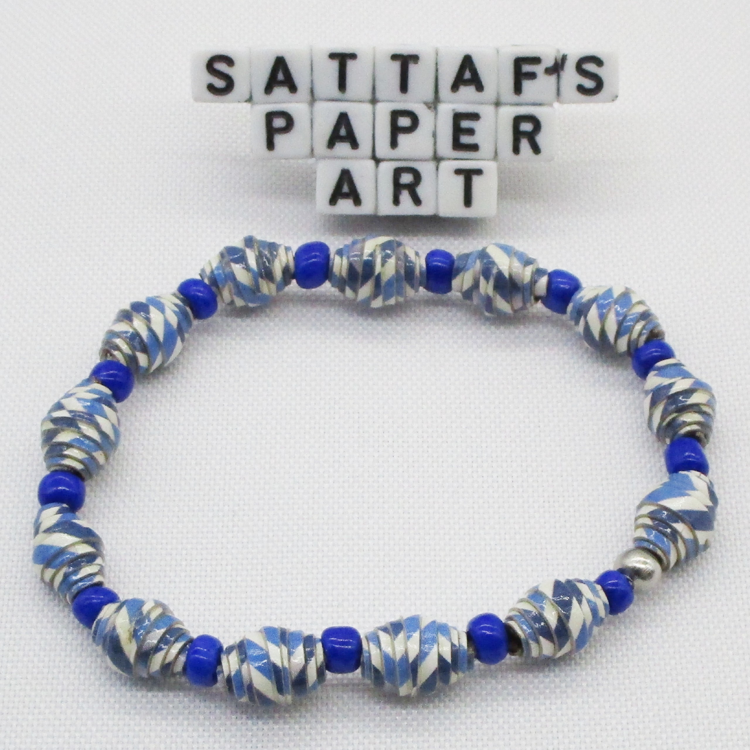 Pulsera Elástica de Cuentas de Papel y Cuentas de Vidrio Azul Rey (PU-11)