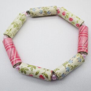 Pulsera Elástica Romántica de Cuentas de Papel Tubulares en Tonos Rosa, Verde y Blanco (PU-13)