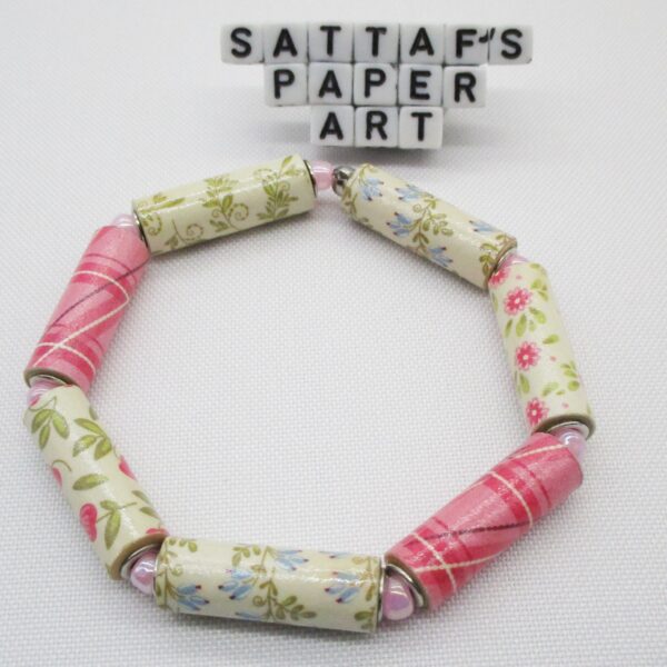 Pulsera Elástica Romántica de Cuentas de Papel Tubulares en Tonos Rosa, Verde y Blanco (PU-13)