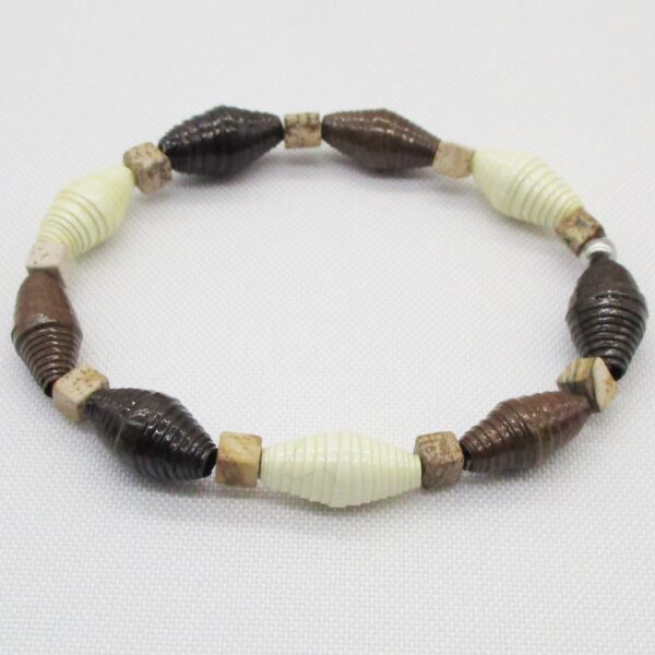 Pulsera Elástica de Cuentas de Papel en 3 Tonos de Chocolate con Abalorios Cúbicos de Piedra Natural (PU-19)