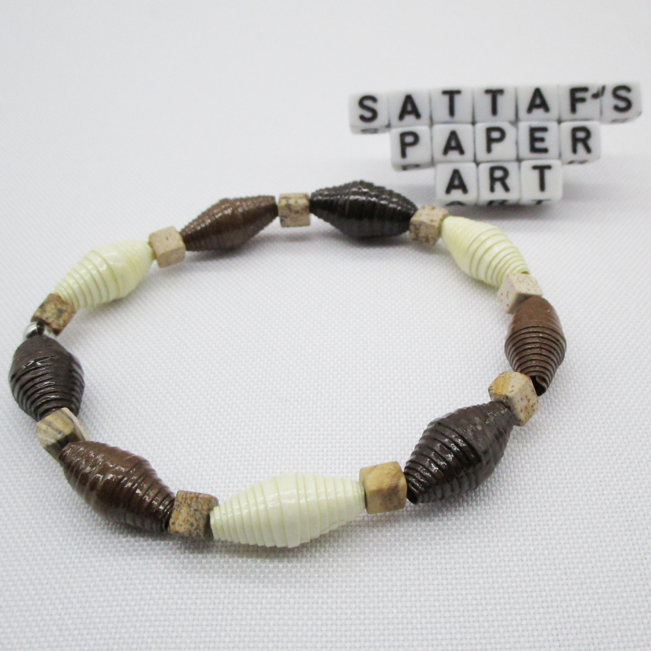 Pulsera Elástica de Cuentas de Papel en 3 Tonos de Chocolate con Abalorios Cúbicos de Piedra Natural (PU-19)