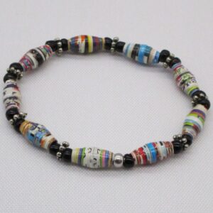 Pulsera Elástica de Cuentas de Papel Multicolor Combinada con Abalorios de Vidrio Negro y de Pewter (PU-29)