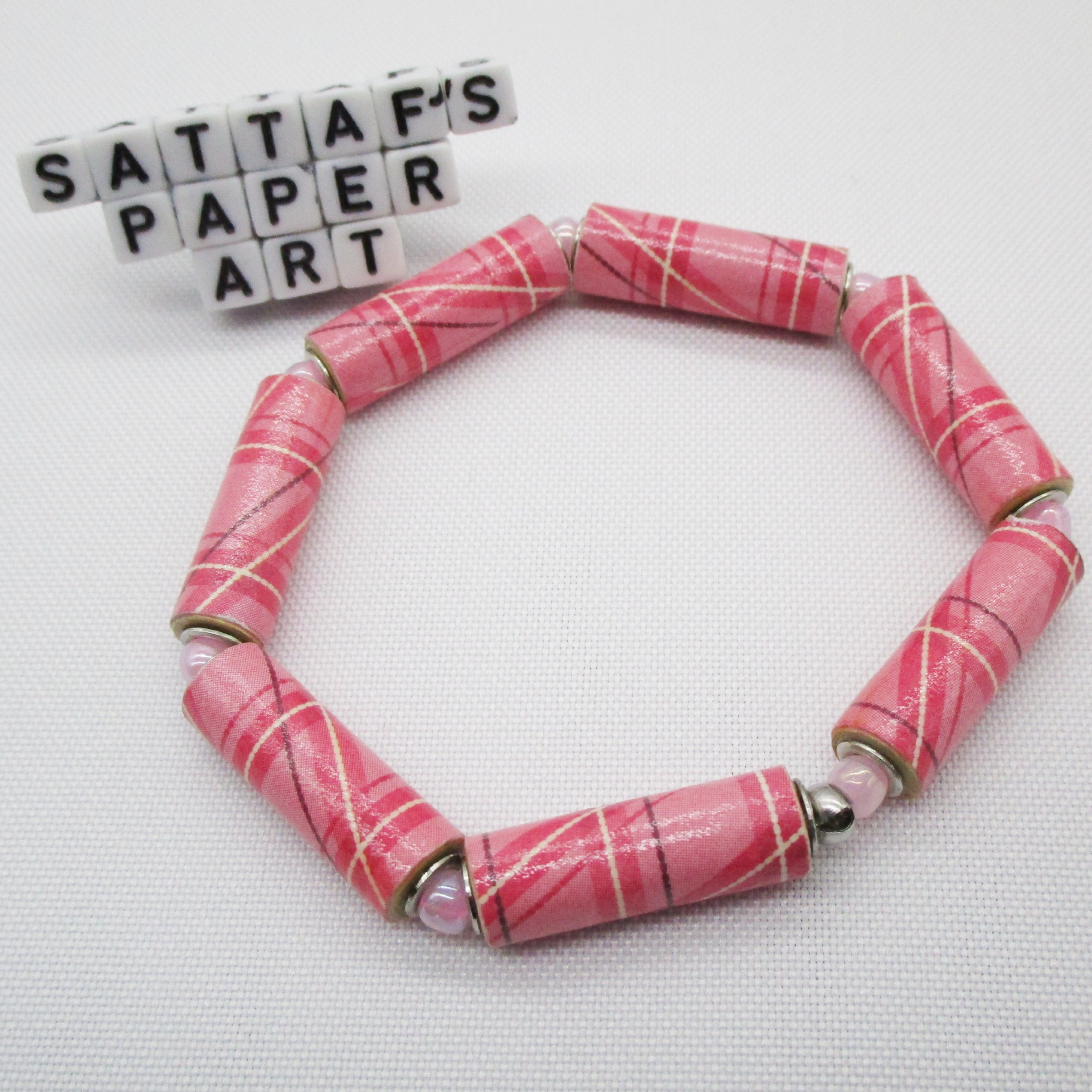 Pulsera Elástica Romántica de Cuentas Tubulares de Papel y Cuentas de Vidrio Rosa (PU-3)