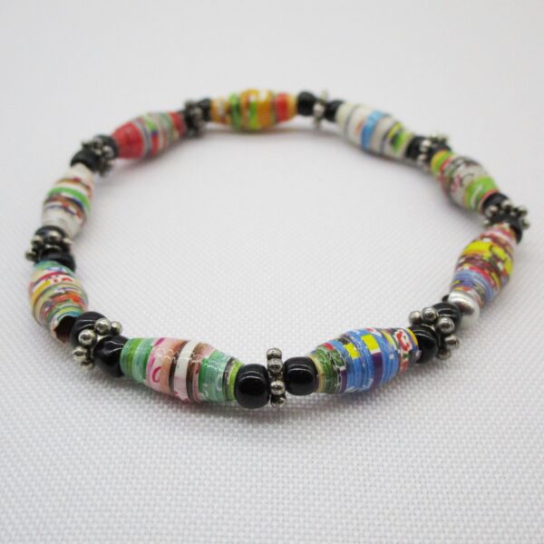 Pulsera Elástica de Cuentas de Papel Multicolor Combinada con Abalorios de Vidrio Negro y de Pewter (PU-33)