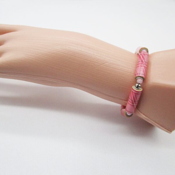 Pulsera Elástica Romántica de Cuentas Tubulares de Papel y Cuentas de Vidrio Rosa (PU-3)