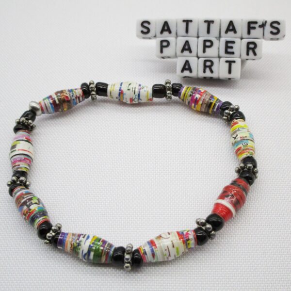 Pulsera Elástica de Cuentas de Papel Multicolor Combinada con Abalorios de Vidrio Negro y Pewter (PU-39)