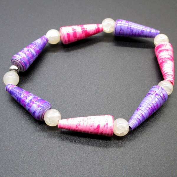 Pulsera Elástica de Cuentas Cónicas de Papel Rosas y Violetas Combinadas con Abalorios de Piedra Natural Color Marfil (PU-45)