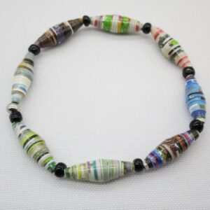 Pulsera Elástica de Cuentas de Papel Multicolor Combinadas con Abalorios de Vidrio Negro (PU-47)