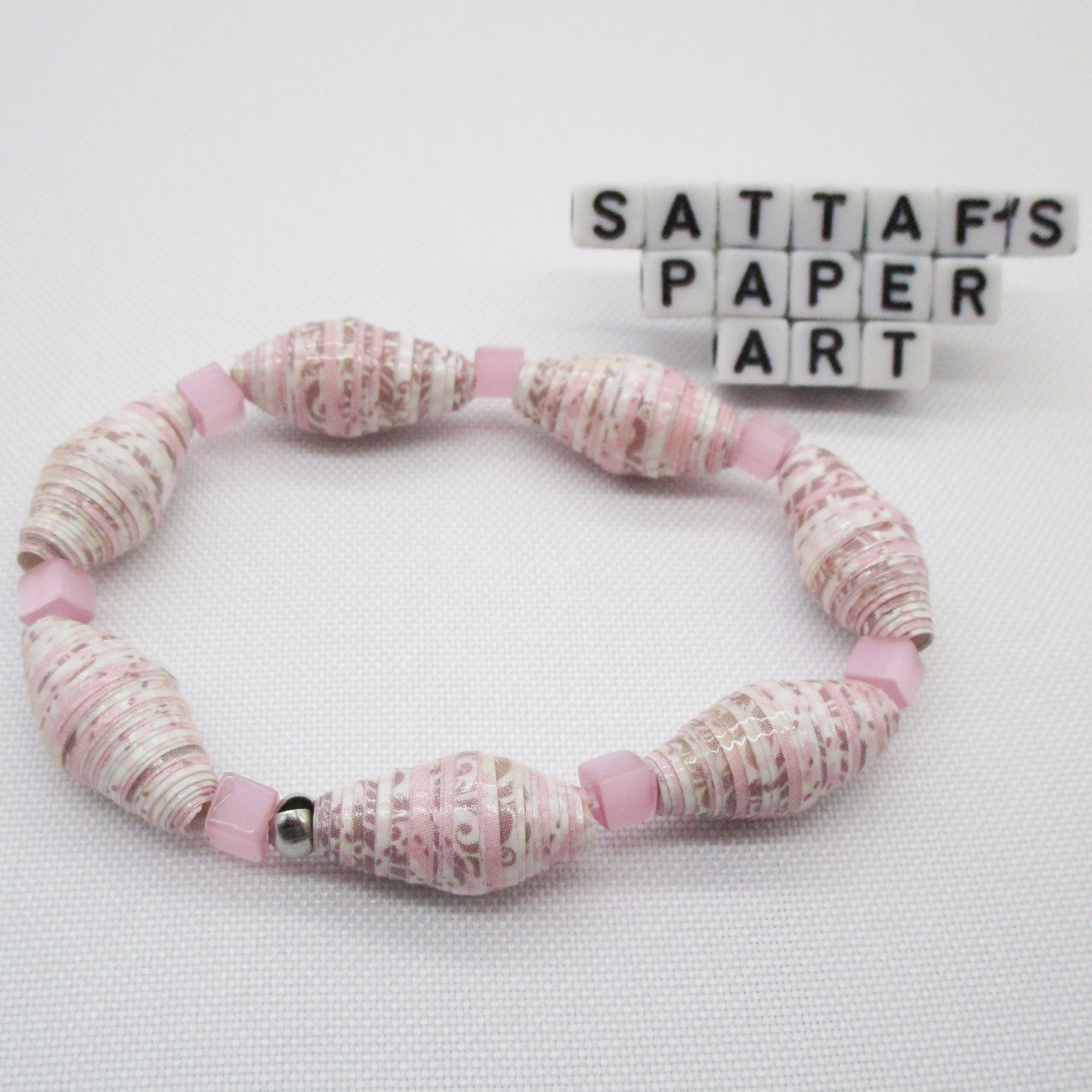 Pulsera Elástica Tierna de Cuentas de Papel Rosas Combinadas con Abalorios Cúbicos de Resina Rosa (PU-49)