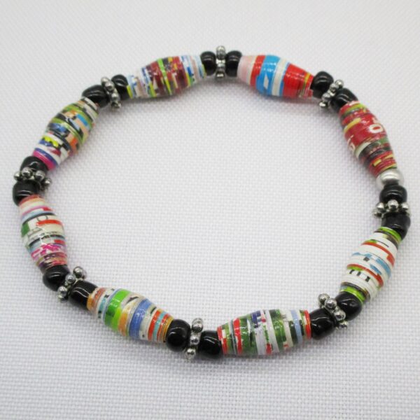 Pulsera Elástica de Cuentas de Papel Multicolor y Cuentas de Vidrio Negras y Abalorios de Pewter (PU-8)