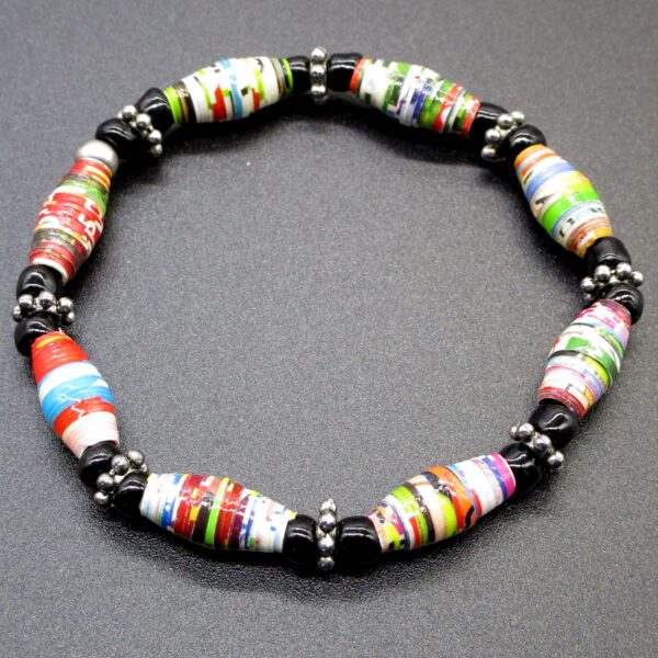 Pulsera Elástica de Cuentas de Papel Multicolor y Cuentas de Vidrio Negras y Abalorios de Pewter (PU-8)